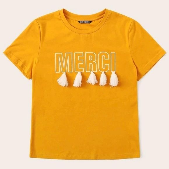 NWOT Shein mustard yellow graphic tassel t-shirt - Picture 3 of 7